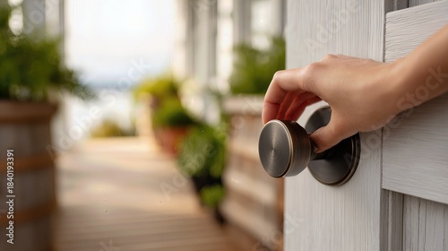 Real Estate Agent Opening Door with a Calm Gesture Symbolizing New Beginnings in Modern Home