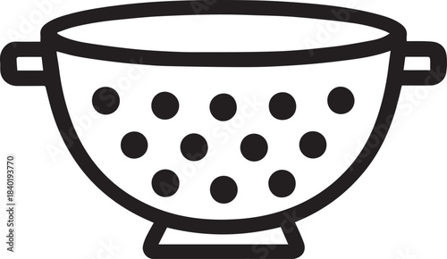 An overhead shot of a clean, minimalist illustration of a colander, featuring a bowl-shaped design with evenly spaced drainage holes and convenient side handles.