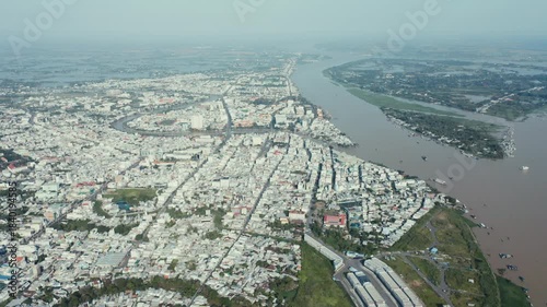 4K Drone Aerial of Mekong Long Xuyen City in Vietnam 
