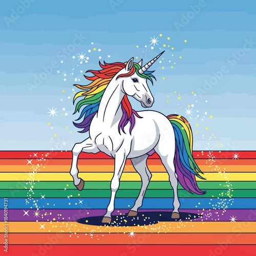 Colorful unicorn prancing on a rainbow background