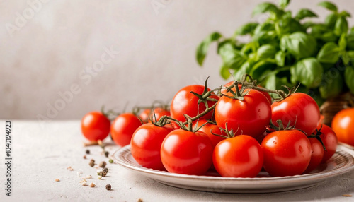 Vibrant cluster of fresh ripe red tomatoes on a white plate, garnished with green basil leaves and black peppercorns. Ideal for healthy recipes, Mediterranean cuisine, vegan meals, farm-to-table vibes