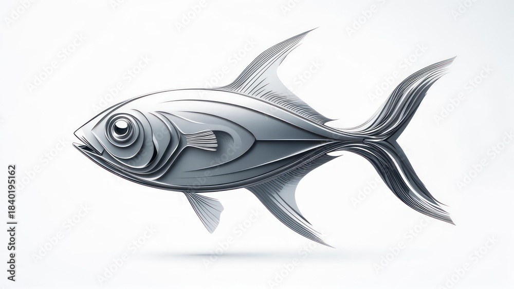 Obraz premium Sleek, metallic fish illustration with stylized layered details, isolated on white