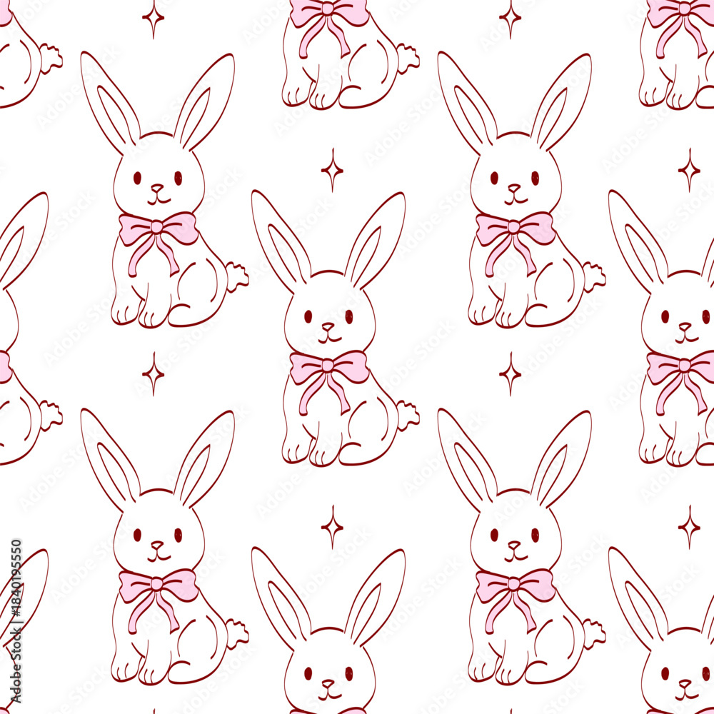 Fototapeta premium Cute cartoon rabbits with bows on a white background in a repeated pattern suitable for various designs and crafts