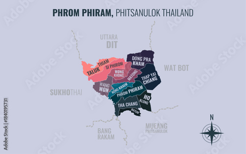 Photos Map showing Phrom Phiram District Phitsanulok Thailand divided into sub-district