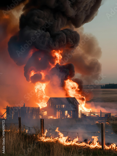 Burning Barn and Fence in a Field at Dusk fire building