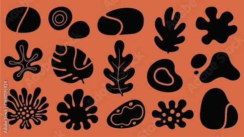 Vibrant collection of abstract organic shapes and natural forms, a modern vector illustration with fluid elements in bold black on a warm orange background, perfect for creative design