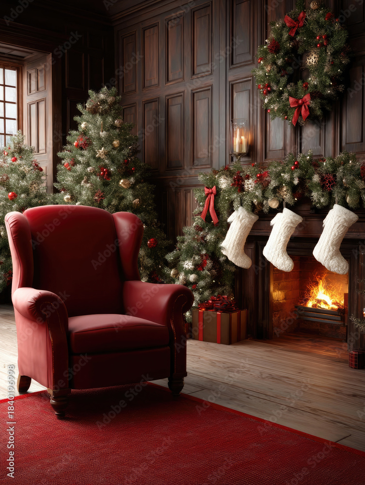 Obraz premium Vintage country Christmas living room with red armchair, decorated tree, fireplace, wreath, stockings, and festive garland, cozy holiday atmosphere