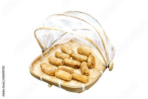 Top view of Dried bananas in Bamboo basket to prevent cattle fly, focus selective
