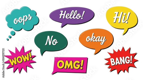 Colorful Comic Speech Bubbles Vector Collection. Pop Art Text Balloons Set with Common Phrases and Exclamations like Hello, Wow, and Omg.