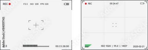 Video camera screen viewfinder vector. Digital video, photo camera display focus, zoom, rec overlay. High end cinema camera recording viewfinder interface overlay template.