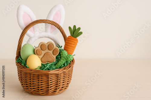 Easter basket with bunny ears, colorful eggs, dog paw treat and toy carrot on wooden table against neutral background