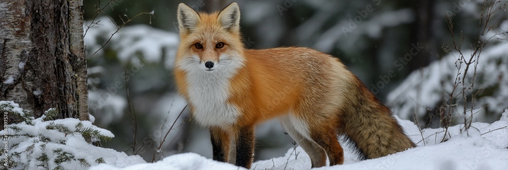 Obraz premium Majestic Red Fox Roaming Through a Serene Winter Forest Covered in a Fresh Blanket of Snow