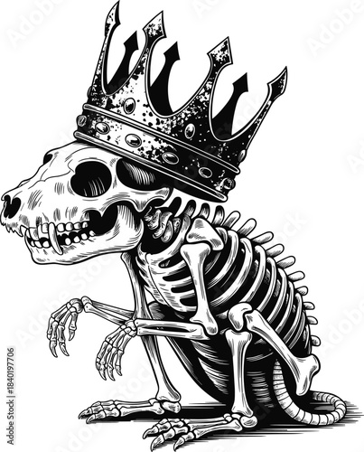 Detailed vintage engraving illustration of skeletal rodent wearing ornate distressed royal crown sitting upright macabre graphic vector artwork representing royalty