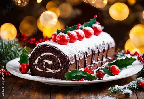 Bûche de Noël au chocolat dans un plat sur une table