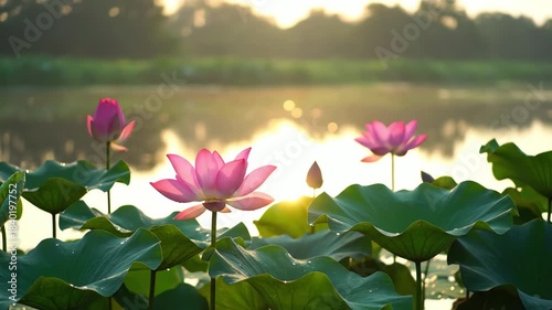 Beautiful Pink Lotus Flowers Blooming in a Serene Lake at Sunrise.