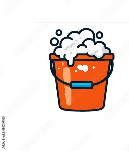 Orange Bucket with Soapy Water and Bubbles for Cleaning.