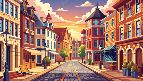 A beautifully preserved historic-style district with classic façades, warm cobblestones, and inviting pedestrian pathways, capturing a charming cultural environment ideal for heritage-themed visual wo