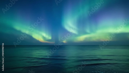Aurora Borealis Over Calm Ocean Water.