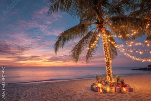 Tropical Christmas Beach with Palm Tree Wrapped in Lights at Sunset and Gifts in the Sand