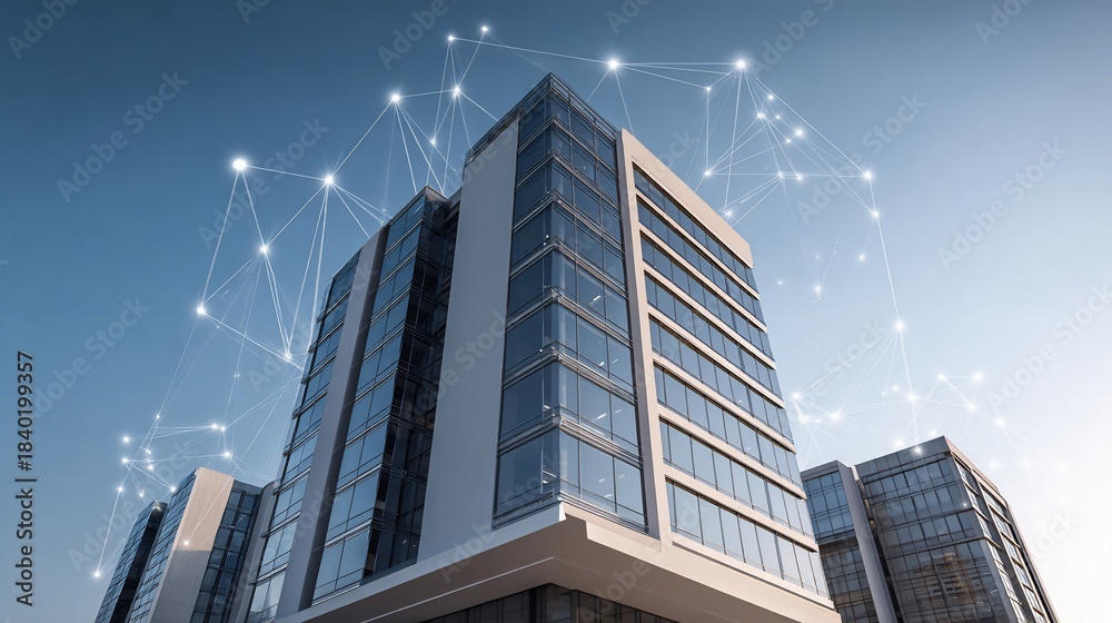 custom made wallpaper toronto digitalModern high-rise buildings with data network overlay against a clear blue sky