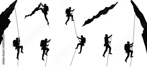 Rock climber silhouettes with gear and ropes, dynamic ascent and rappel poses, outdoor adventure sport illustration for fitness and design