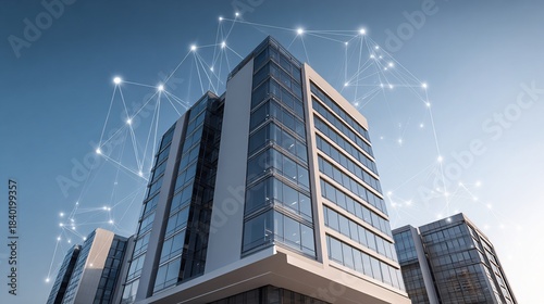 Wallpaper Mural Modern high-rise buildings with data network overlay against a clear blue sky Torontodigital.ca