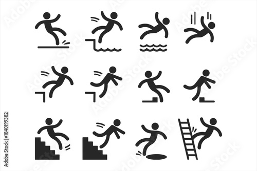 Set Of Icons Depicting People Falling Down Stairs Slipping And Drowning trip accident