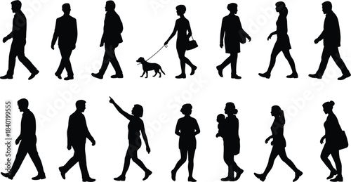 Silhouette Collection of People and Dog Walking in Various Poses on White Background woman child