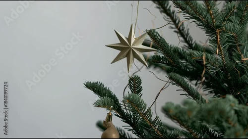 A woman decorates a Christmas tree. A delicate, shimmering star-shaped ornament hangs from the green needles.