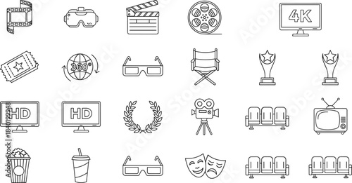 Cinema and Film Line Icons for Movie Production, Theater Experience, Awards, Virtual Reality, 3D Glasses, Popcorn, and Entertainment Design