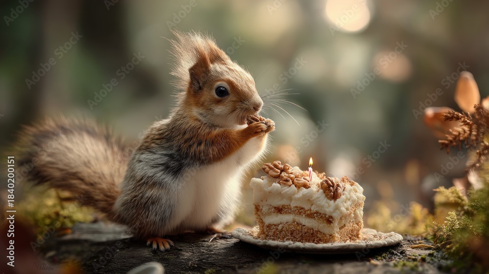 Fototapeta premium Squirrel eating cake forest