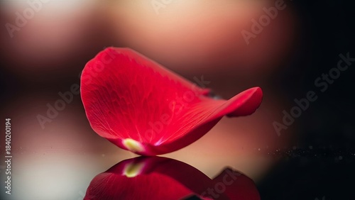 Single Red Rose Petal Isolated on Reflective Surface