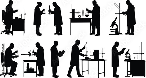 Scientist silhouettes, laboratory research, microscope work, chemical experiment, reading documents, lab equipment, teamwork science, medical research, 