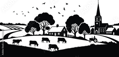 Rural Farm Landscape Black Silhouette Vector Illustration, Showing Grazing Cows, Farmhouse, Church, and Farmer on Tractor in Peaceful Countryside Scenery.
