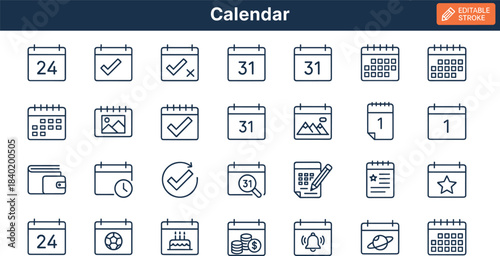 Editable Stroke Calendar Icon Set Featuring Dates, Events, Planning, Reminders, and Productivity Symbols for UI, App, and Infographic Design