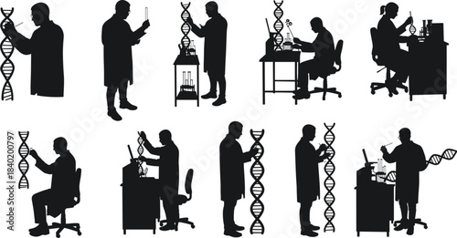 Scientists silhouettes with DNA, genetic research illustration, laboratory experiment art, molecular biology design, creative science drawing, professional research artwork, educational genetics scene
