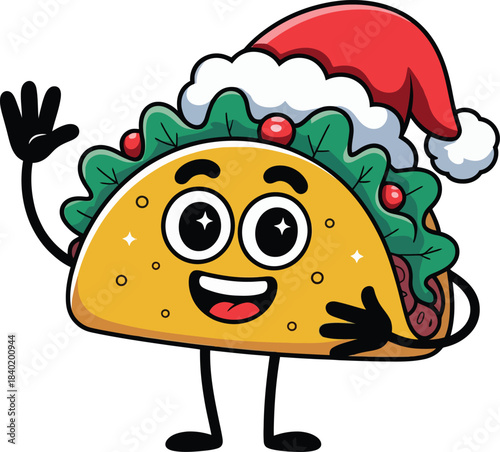 Cute cartoon anthropomorphic taco character wearing a santa hat and waving hello celebrating the christmas holiday season with a festive and cheerful expression