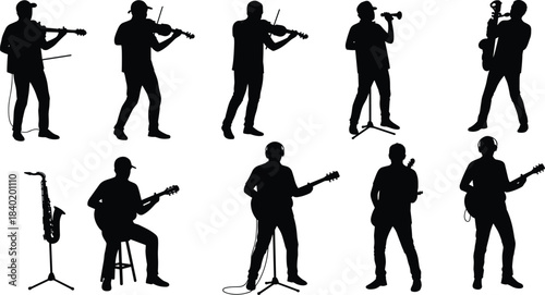 Musician silhouettes with instruments, live concert performance, jazz and rock music, cultural expression, entertainment lifestyle, creative art, dynamic stage illustration
