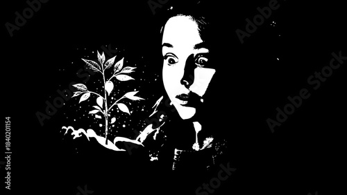Surprised young woman with wide eyes looks at plant growth concept illustration in dark background with splatter effect and dramatic lighting for surreal or fantasy themes