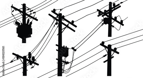 Silhouette of multiple electric power poles with cables and transformers, black and white vector illustration for industrial energy infrastructure design.