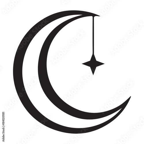 Crescent moon with a hanging star symbol on a white background