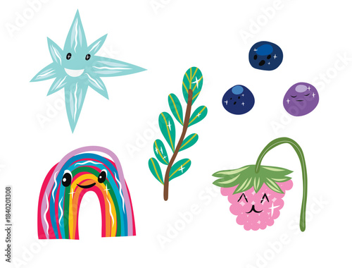 Naive children's illustrations with elements of nature. Berries, rainbow, leaf, star.