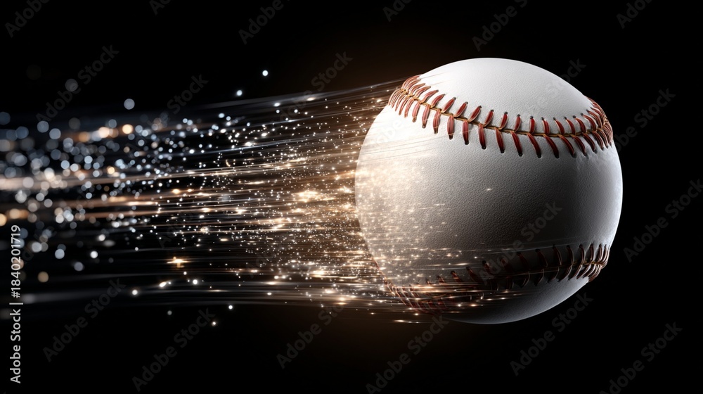 Fototapeta premium A high-speed baseball flies through the air, leaving a trail of sparkling motion, showcasing the excitement and thrill of the game in a dynamic sports image.
