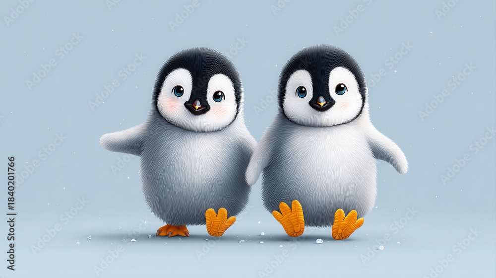 Fototapeta premium Cute baby penguins waddling together in charming flat design illustration, showcasing their fluffy feathers and bright orange feet against soft blue background