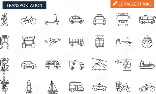 Editable Stroke Transportation Icon Set Featuring Vehicles, Mobility, and Travel Modes for Web, App, Infographic, and Educational Design Use
