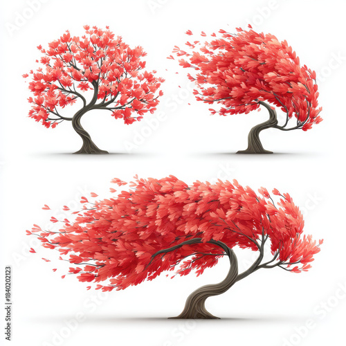 Red trees with vibrant leaves sway in gentle breeze, showcasing different stages of movement. artistic depiction highlights dynamic flow and beauty of nature