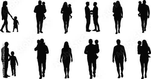 Silhouette of parents and children walking, bonding, holding hands, and playing, family love and connection in everyday moments.