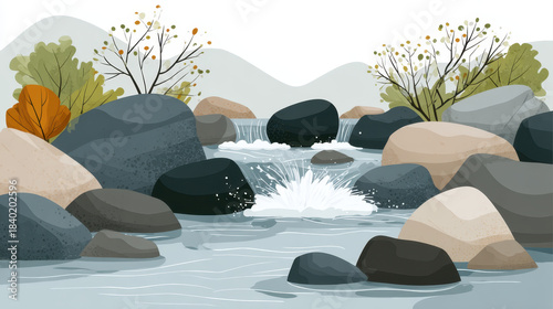 Serene forest stream flows gently over mossy rocks, surrounded by lush greenery and distant hills, creating peaceful and natural landscape