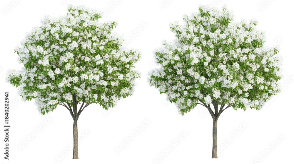 Obraz premium Two unique ornamental pear trees with upright form and white spring blossoms on transparent background