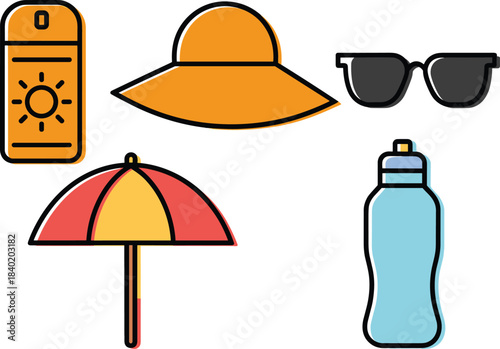 Summer essentials illustration featuring sunscreen, sun hat, sunglasses, beach umbrella, and water bottle, perfect for vacation, travel, outdoor safety designs